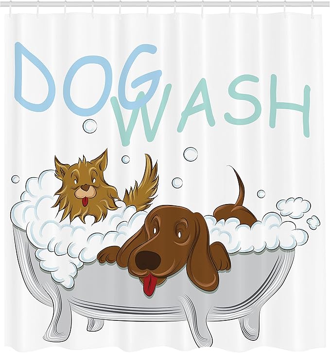 Ambesonne Cartoon Shower Curtain, Playful Dogs in a Bathtub Grooming Each Other Pets Theme Illustration, Cloth Fabric Bathroom Decor Set with Hooks, 69" W x 70" L, Brown White