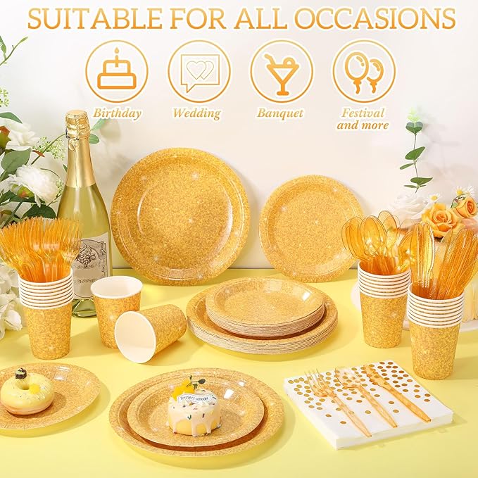 Hushee 175 Pcs Gold Holographic Print Party Supplies Guests Disposable Dinnerware Set Include Paper Plates, Napkins, Cups, Plastic Cutlery for Wedding Birthday Disco Bachelorette