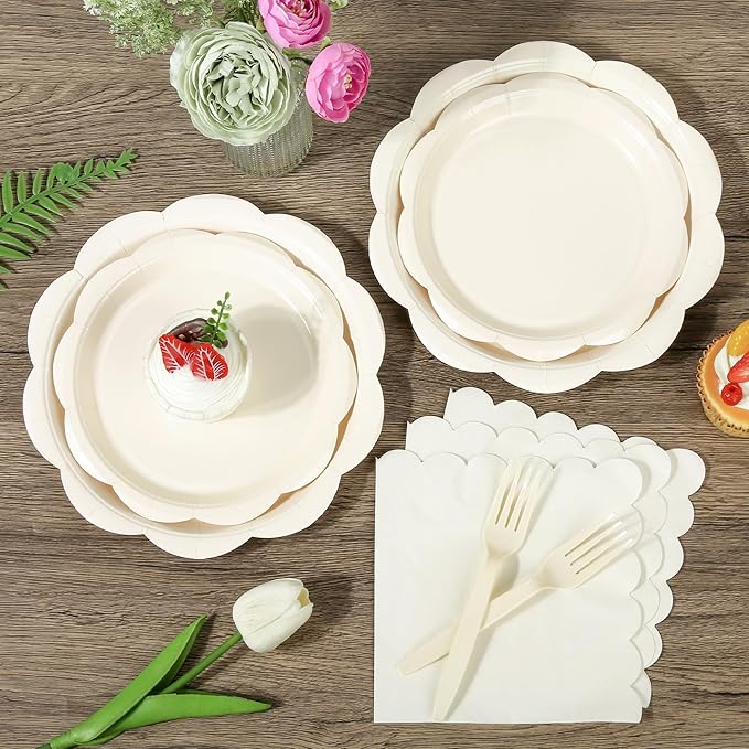 96 Pcs Ivory Paper Plates and Napkins Set Party Supplies, Tableware set for 24 Guest include Disposable Ivory Scalloped Plates, Napkins and Forks for Baby Shower Bridal Shower Wedding