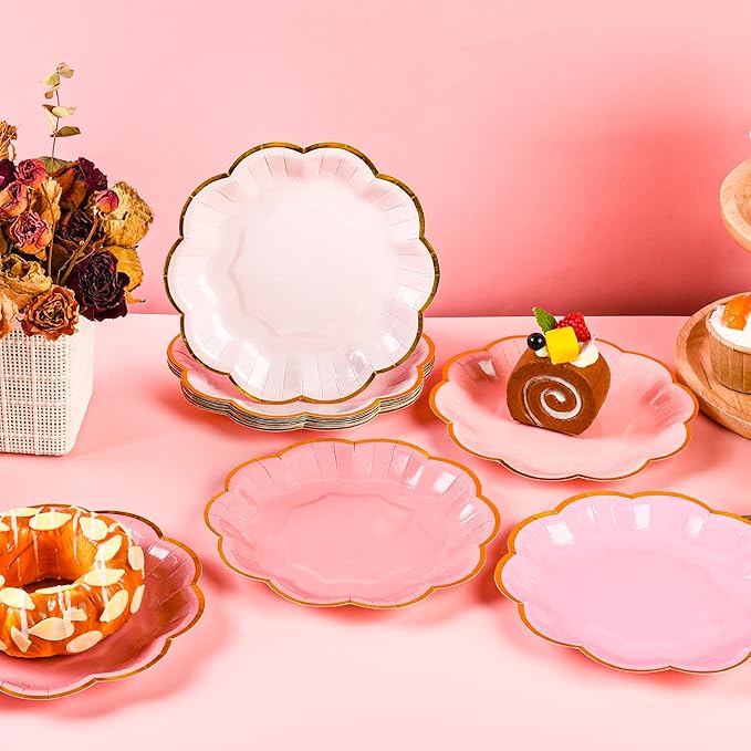 AimFun 48 Pcs Pink Party Plates Gradient Pink Dessert Paper Plates 7inch Gold Foil Scalloped Edge Disposable Cake Plates for Mothers Day Birthday Bridal Baby Shower Wedding Party Supplies