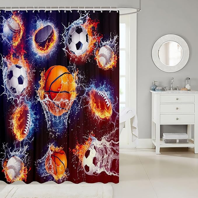 Basketball Fabric Shower Curtains Football Baseball Rugby Shower Curtain for Kids Boys Girls Sports Bathroom Waterproof Accessories with 12 Hooks Various Ball White And Flame Decor,72x78 Inches