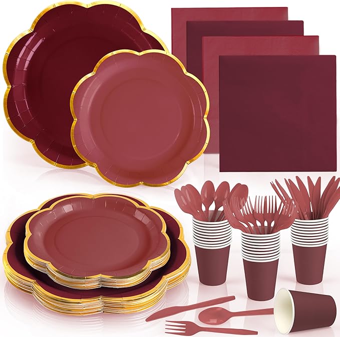 350Pcs Burgundy Paper Plates and Napkins Party Supplies,Maroon Scalloped Plates with Gold Rim,Burgundy Disposable Plates Set for Women Girls Birthday Weddings Bridal Shower Grad Party Decor,Serves 50