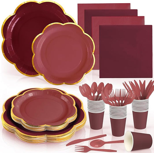 168Pcs Burgundy Paper Plates and Napkins Party Supplies, Maroon Scalloped Plates with Gold Rim, Burgundy Disposable Plates Set for Women Girls Birthday Weddings Bridal Shower Graduation Party Decor