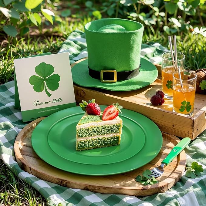 FLOWERCAT 60PCS Green Plates & St. Patrick's Day Plates - Heavy Duty Dark Green plates Disposable for Party&Event- Include 30PCS 10.25" Dinner Plates & 30PCS 7.5" Dessert Plates