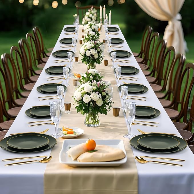 I00000 150Pcs Green Plastic Plates with Gold Rim, Fancy Disposable Plates,Green Plates Set include 30 Dinner Plate,30 Dessert Plate, 90 Plastic Silverware Set for Wedding&Party