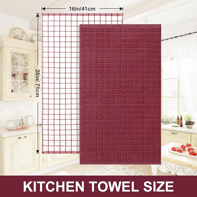 Homaxy Premium Cotton Kitchen Towels 16"x 28", Large Natural Ring Spun 390 GSM Dish Towels, Super Absorbent Terry Kitchen Hand Towels, Soft Tea Towels with Hanging Loop, Red Check Design, 4 Pack