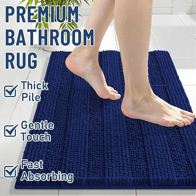 Grandaily Chenille Striped Bathroom Rugs 47x24, Extra Thick and Soft Absorbent Bath Mats, Rubber Backing, Plush Shaggy Shower Carpet, Machine Wash Dry, Bath Rug for Bathroom, Navy Blue