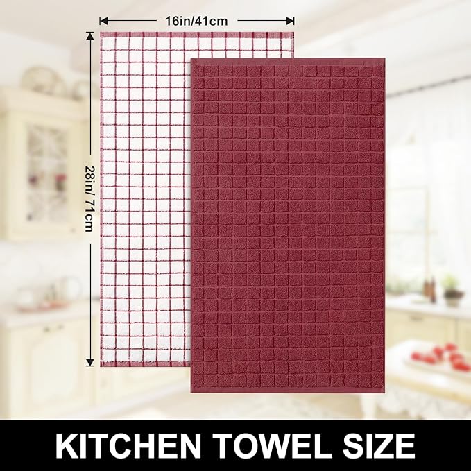Homaxy Premium Cotton Kitchen Towels 16"x 28", Large Natural Ring Spun 390 GSM Dish Towels, Super Absorbent Terry Kitchen Hand Towels, Soft Tea Towels with Hanging Loop, Red Check Design, 8 Pack