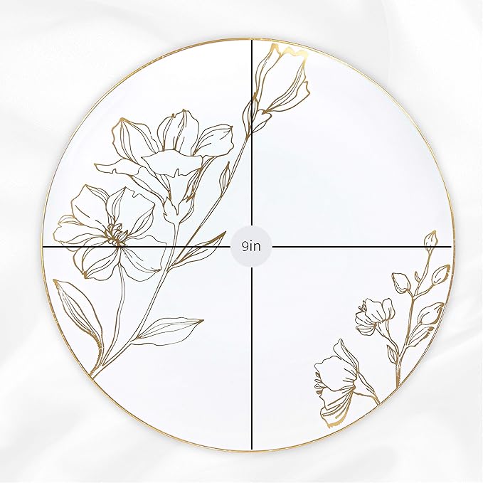 [9'' Plates 40 Count] White Plastic Floral Design Party Dinner Plates With Gold Rim Premium heavyweight Elegant Disposable Tableware Dishes