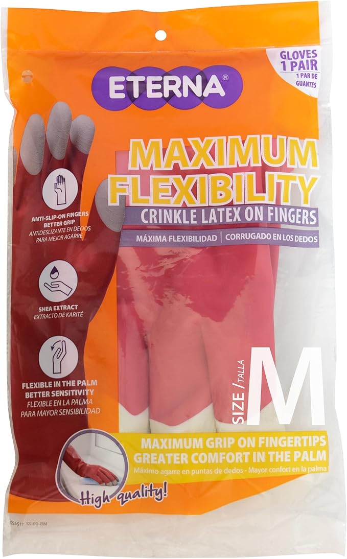 ETERNA Maximum Flexibility Gloves, Size M, Gloves for Kitchen, Laundry and Household Cleaning, Anti-Slip on Fingers, Better Grip, Shea Extract 2.36 Oz