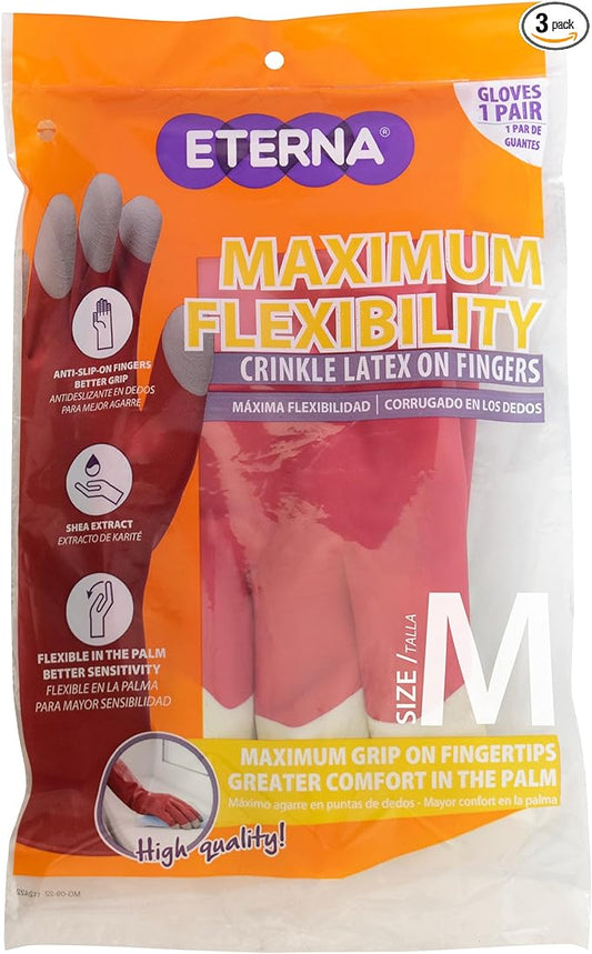 ETERNA Maximum Flexibility Gloves, Size M, Gloves for Kitchen, Laundry and Household Cleaning, Anti-Slip on Fingers, Better Grip, Shea Extract 2.36 Oz (Pack of 3)