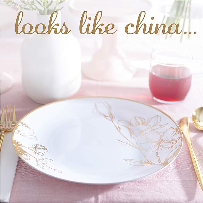 PLASTICPRO White Plastic Floral Design Party Plates With Gold Rim Premium heavyweight Elegant Disposable Tableware Dishes (120, 10'' INCH PLATES)