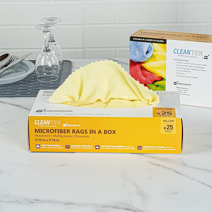 Restaurantware-Clean Tek Professional 11.81 x 11.81 Inch Microfiber Rags In a Box, 25 Absorbent Cleaning Cloths - No-Scratch, Yellow Microfiber Reusable Edgeless Cleaning Towels, Leaves No Streak
