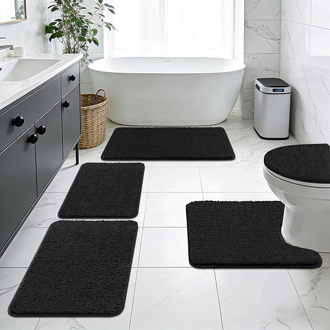 SHACOS 5 Pieces Bathroom Rugs Set with Toilet Lid Cover Ultra Soft Absorbent Microfiber Bath Mat U Shape Contour Rug for Bathroom, Non Slip Machine Washable Bath Runner Rugs for Bedroom, Black
