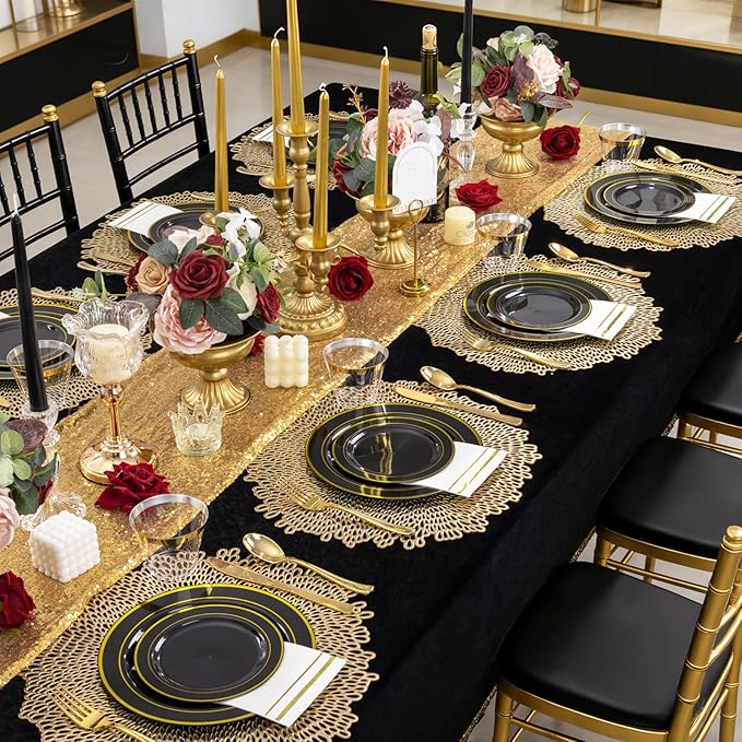 GATHER 350PCS Black Plastic Plates - Black and Gold Disposable Dinnerware Set Include 100 Plates, 150 Gold Silverware, 50 Napkins, 50 Cups for Party & Wedding & Birthday & Graduation