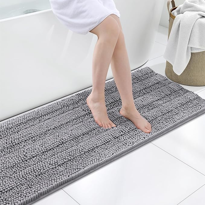 Grandaily Chenille Striped Bathroom Rugs 47x20, Extra Thick and Soft Absorbent Bath Mats, Rubber Backing, Plush Shaggy Shower Carpet, Machine Wash Dry, Bath Rug for Bathroom, Grey
