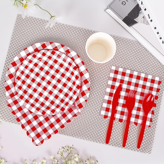 Vyntra Checkered Gingham Paper Plates and Napkins Set for 25" 9" Dinner Plates & 7" Dessert Plate, Birthday Party (Red Gingham, 175 Pcs)