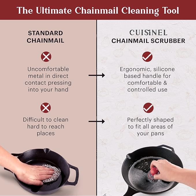 Cuisinel Cast Iron Chainmail Scrubber + Pan Scraper - The Patented Original Ergonomic Stainless & Silicone Pot & Skillet Cleaner - Premium Food-Safe Design - Easy Clean Dishwasher Safe Cookware Sponge