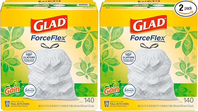 Glad ForceFlex Tall Kitchen Trash Bags,13 Gallon,Gain Original,(Package May Vary),140 Count (Pack of 2)