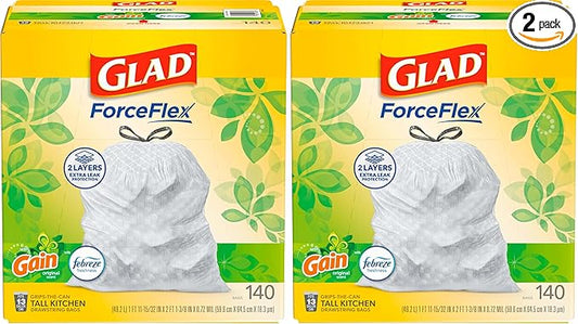 Glad ForceFlex Tall Kitchen Trash Bags,13 Gallon,Gain Original,(Package May Vary),140 Count (Pack of 2)