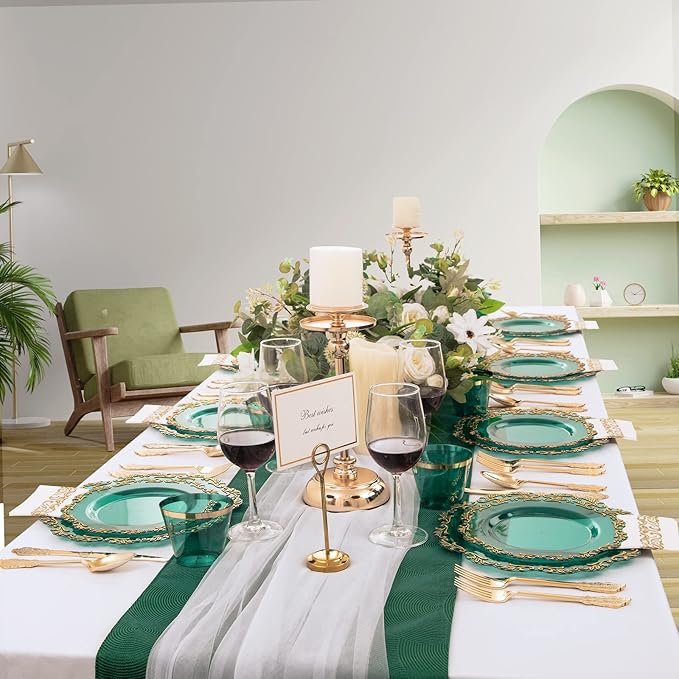 PULOTE 175PCS Clear Green Plastic Plates & Gold Plastic Silverware & Clear Green Cups & Gold Napkins Service 25 Guest for Party&Christmas