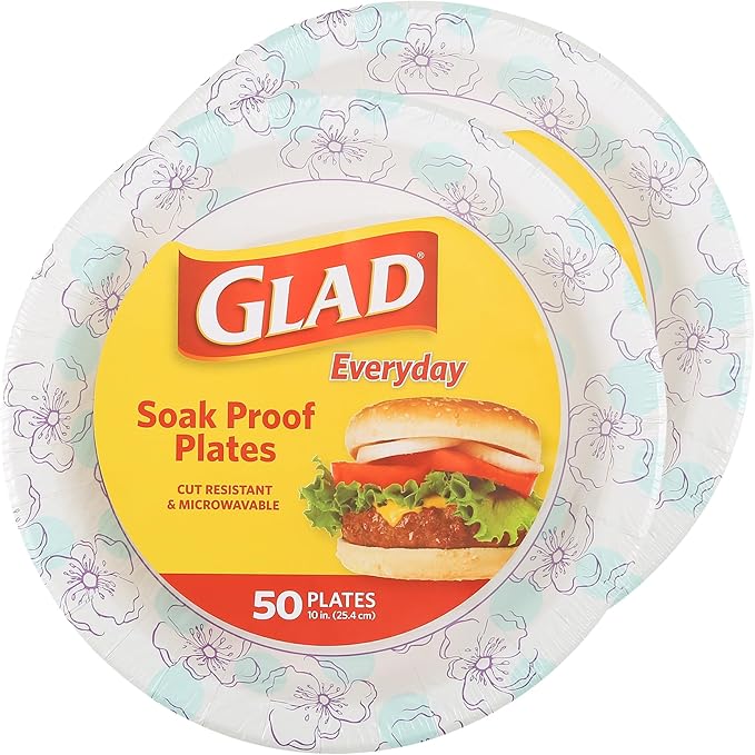 Glad Round Disposable Paper Plates, Blue Flower Design, Heavy Duty Soak Proof Cut Resistant Microwave Safe Plates for Meals, Parties, Picnics, and Events, 10 Inch, 50 Count - 2 Pack