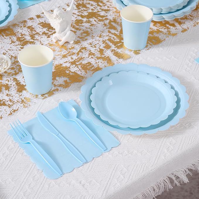 Fijinhom Light Blue Paper Plates Set, 350 PCS Party Supplies, Disposable Dinnerware Set for 50 Guests, Light Blue Paper Plates Napkins Cups Blue Plastic Forks Knives Spoons for Wedding Festivals