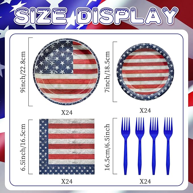 96 Pieces Patriotic Tableware Set Party Supplies - American Flag Pattern Disposable Dinnerware with Paper Plates, Napkins, Forks for Fourth of July, Memorial Day, Veterans Day BBQ Picnic Favors