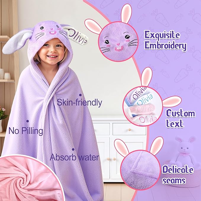Baosity Custom Hooded Baby Towel with Name, Soft Absorbent Toddler Towel, Bunny Baby Bath Towels for Girls Boys, Personalized Easter Brithday Christmas for Baby, Toddler, Newborn Essential