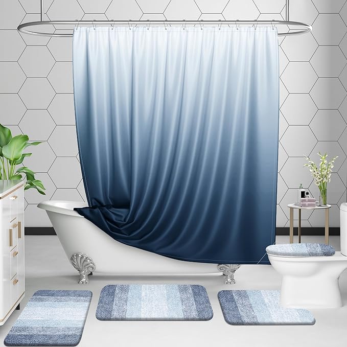 OLANLY Bathroom Rugs Sets 3 Piece, Soft Absorbent Microfiber Bath Mats and U-Shaped Contour Toilet Rug, Plush Shaggy Bath Mat Set for Bathroom (30"x20"+24"x16"+24"x20", Blue)