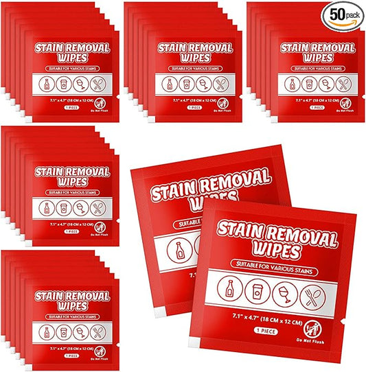 Stain Remover Wet Wipes Bulk, Individual Wrapped Clothes Portable Travel Messy Eater Cleaning Laundry Stain Removal Wipes Pocket Size for Clothing Fabric/Shoes/Wine/Fast Food 7.1 x 4.7 Inch (Red 50)