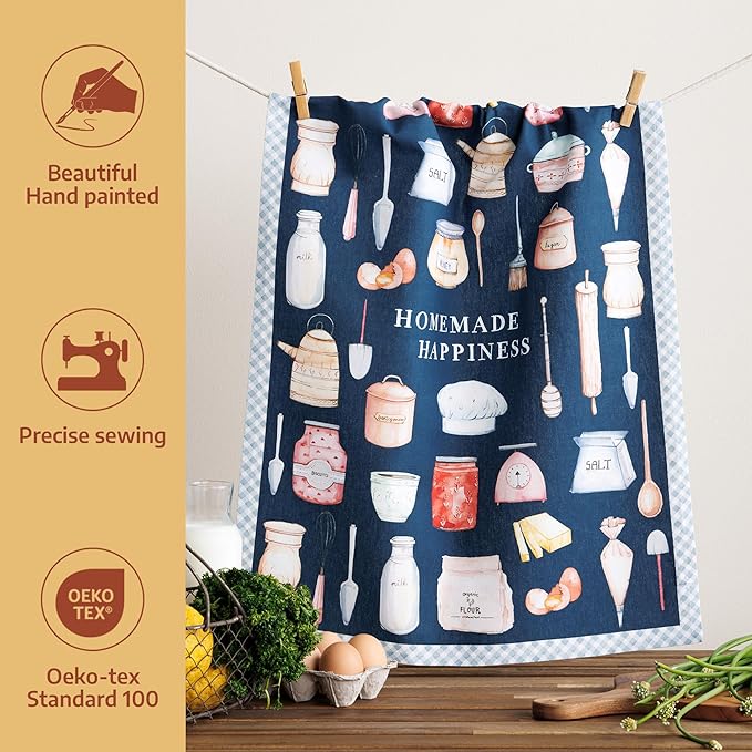 Maison d'Hermine Kitchen Towels Set of 2 100% Cotton 27.50" x 20" Reusable Cloth Tea Dish Towels Absorbent with Hanging Loop for Kitchen, Home, Dining, Cocktail Parties (Let's Bake)
