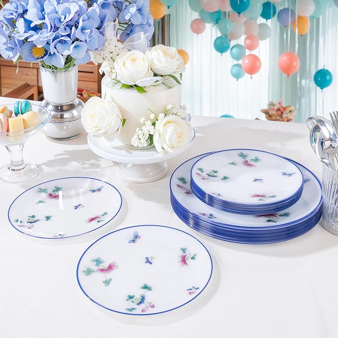 30Pcs White Plastic Plates - Butterfly Plates Disposable Heavy Duty, Fancy Floral Pattern Perfect for Weddings, Tea Parties, Holidays - 10.25" Dinner & 7.5" Dessert Plastic Plate