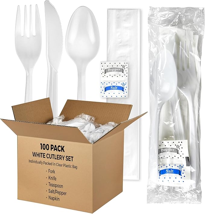 KitchenDine 100 Pack Medium Weight Wrapped white Plastic Cutlery Pack with Napkin and Salt/Pepper Packets (White)