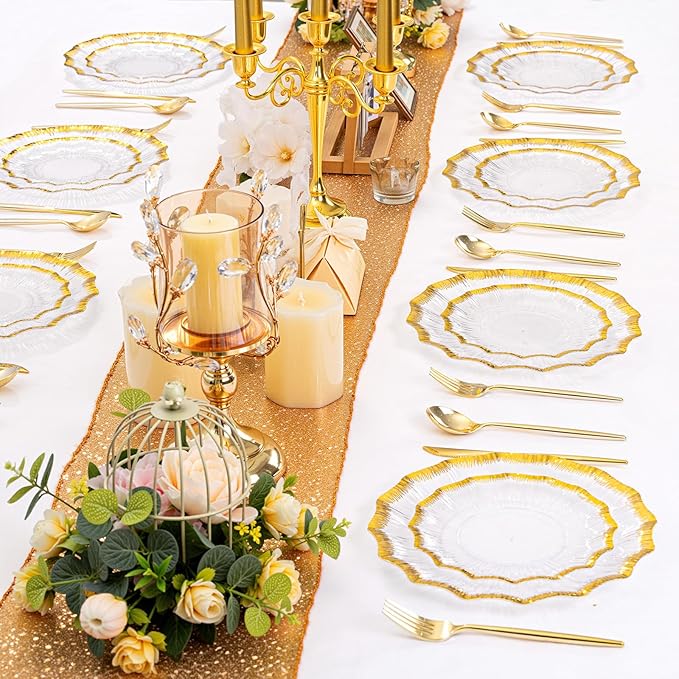 DaYammi 60Pcs Clear Plastic Plates with Gold Rimmed - Gold Disposable Plates Set Including 30pcs Dinner Plates,30pcs Dessert Plates with Radial Texture for Party & Wedding
