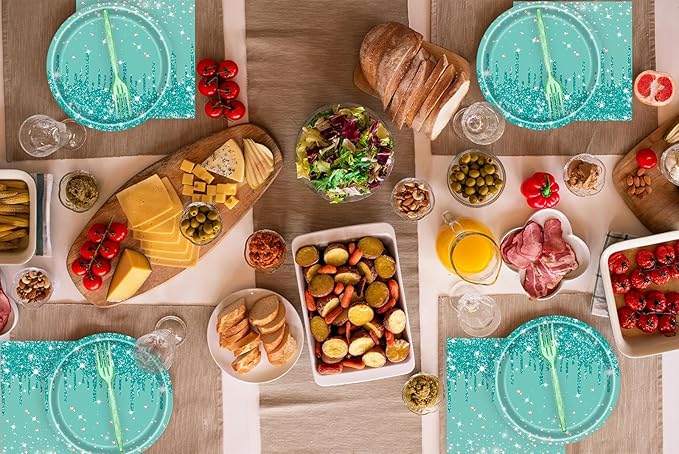 72 Pcs Teal Glitter Paper Plates 7in Disposable Paper Dessert Plates Napkins and Forks Party Tableware Set Happy Birthday Table Decorations for 24 Guests Blue Green Silver Birthday Wedding Theme Party