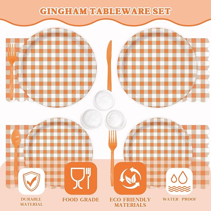 Vyntra Checkered Gingham Paper Plates and Napkins Set for 50" 9" Dinner Plates & 7" Dessert Plate, Birthday Party (Orange Gingham, 175 Pcs)