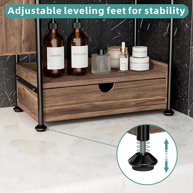 Kottwca 2-Tier Bathroom Counter Organizer with Drawer, Wooden Vanity Skincare Storage Shelf with Thickened Metal Frame, Countertop Shelf with Basket & Hooks for Makeup Organization,Dark Brown