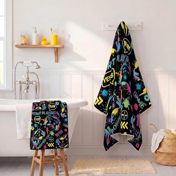 Fanfanwin Hooded Bath Towel for Boy Cotton Game Bath Hooded Poncho 37.8x23.62 Inches Cool Graffiti Game Poncho with Snap Buttons Hood Soft Rapid Dry for Beach Pool Swim Travel Home Use