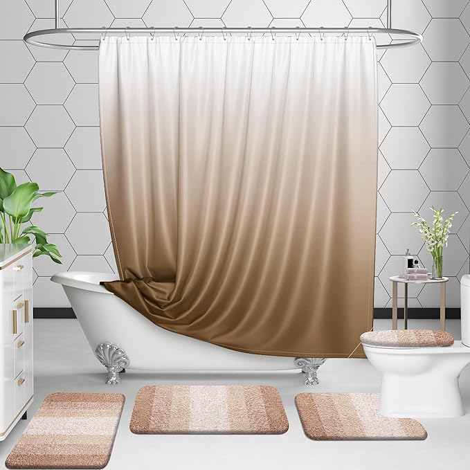 OLANLY Bathroom Rugs Sets 3 Piece, Soft Absorbent Microfiber Bath Mats and U-Shaped Contour Toilet Rug, Plush Shaggy Bath Mat Set for Bathroom (47"x20"+24"x16"+24"x20", Beige)
