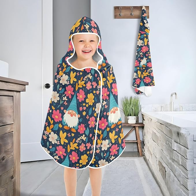 Kids Beach Towels Cartoon Cute Gnome Flowers Black Hooded Beach Bath Towel Lightweight Toddler Towels