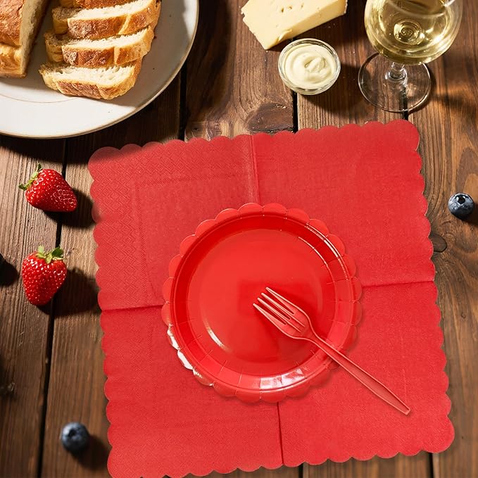 Red Paper Plates and Napkins,7 Inch Red Scalloped Disposable Dessert Plates Paper Napkin Fork Party Supplies for Wedding Baby Shower Birthday(25 Guest)