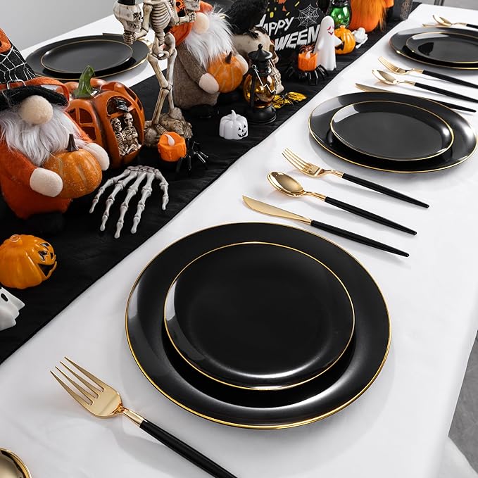DaYammi 150Pcs Black Plastic Plates with Gold Silverware,Black Disposable Plates Set Included 30 Dinner Plate,30 Dessert plate,30 Knives,30 Forks,30 Spoons,black and gold plates for Party Wedding