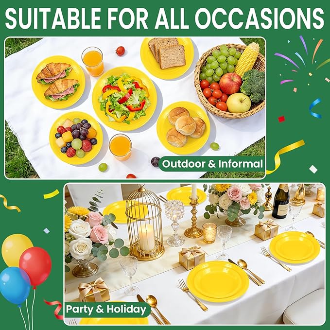 LANLISA 50 Pcs Yellow Plastic Plates For Party, 25-9" & 25-7" Disposable Cake Dessert Plates For Birthday, Picnic, Easter Dinner