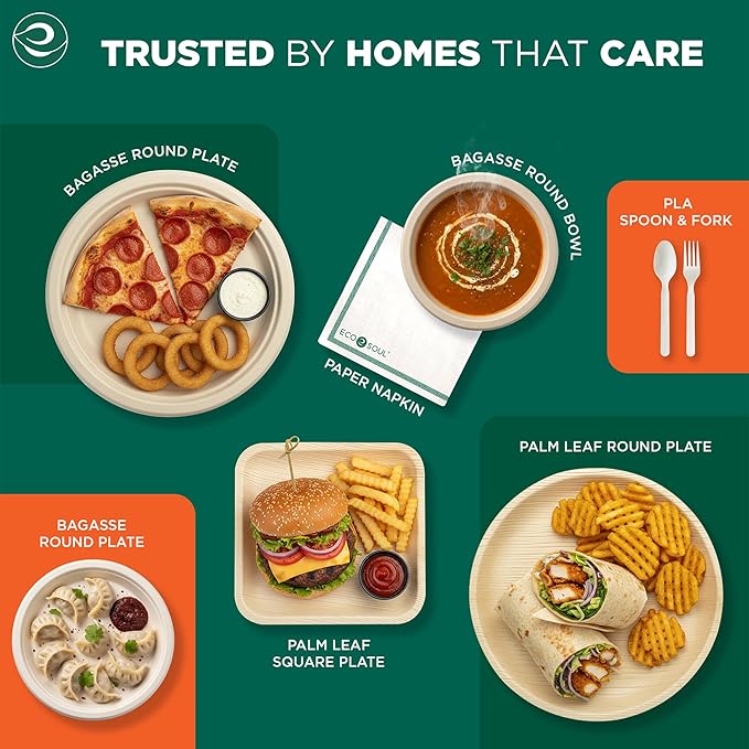 ECO SOUL Compostable Paper Plates 9 Inch, 500 Pack – Heavy Duty Disposable Dinner Paper Plates, Natural Bagasse, Leak-Resistant, Microwave Safe, Eco-Friendly Round Plates for Parties & Catering
