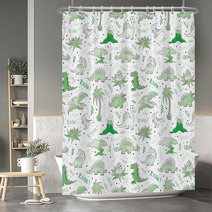 Baocicoo Cute Cartoon Dinosaur Shower Curtain Sets Green Animals Plants Bath Curtain for Boys Girls Bathroom Decorations Polyester Fabric Waterproof Curtains for Bathroom with Hooks 72x96 Inches