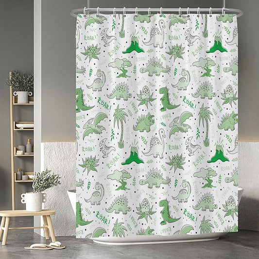 Baocicoo Cute Cartoon Dinosaur Shower Curtain Sets Green Animals Plants Bath Curtain for Boys Girls Bathroom Decorations Polyester Fabric Waterproof Curtains for Bathroom with Hooks 72x96 Inches