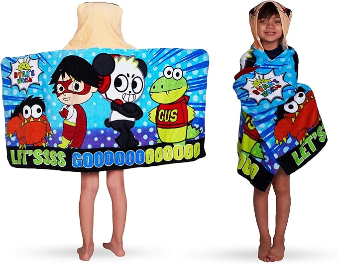 Franco Kids Bath and Beach Soft Cotton Terry Hooded Towel Wrap, 24" x 50", Ryan’s World