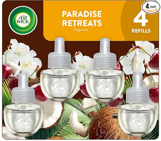 Air Wick Plug In Scented Oil Refill, Infused with Essential Oils, Plug In Air Fresheners for Home, Paradise Retreat, 4 ct