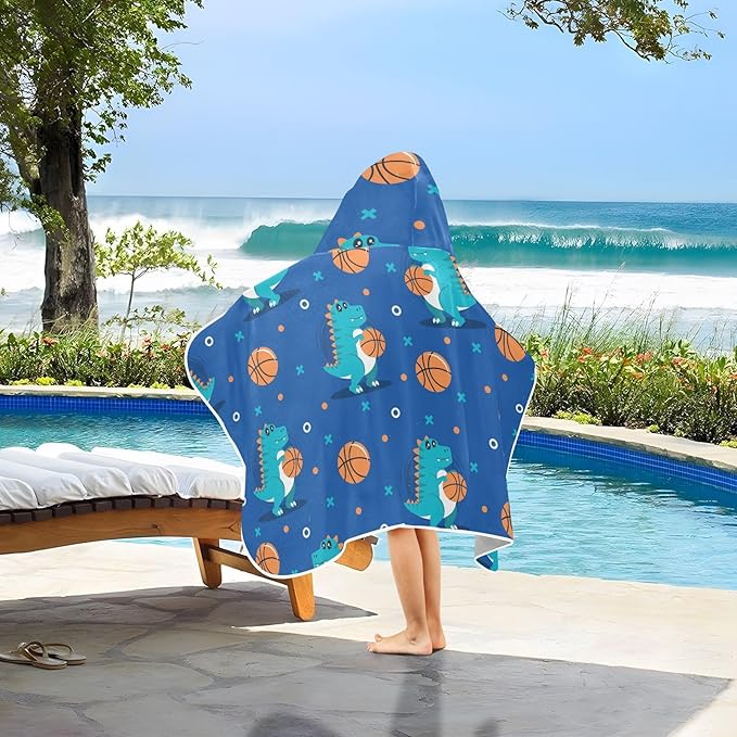 susiyo Kids Hooded Bath Towel Dinosaur Play Basketball Beach Towel for Kids 23.5 x 50 Inch Microfiber Soft Absorbent Quick Dry Bath Swim Pool Towel Wrap Poncho Bathrobe with Hood for Kids Toddler